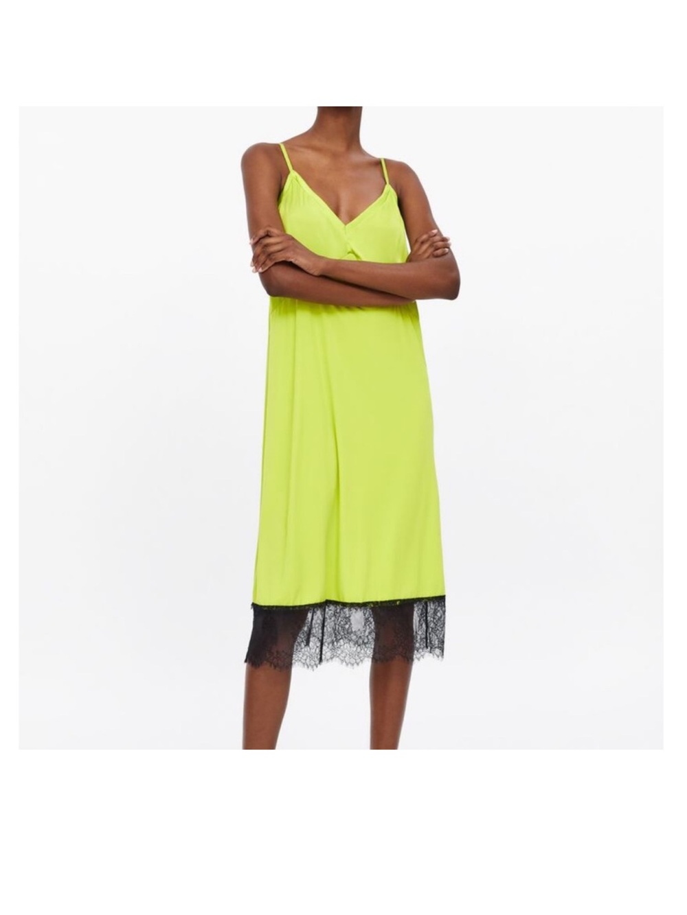 ZARA NWOT Bright Chartreuse Slip Midi Dress with Black Lace Trim Size Small